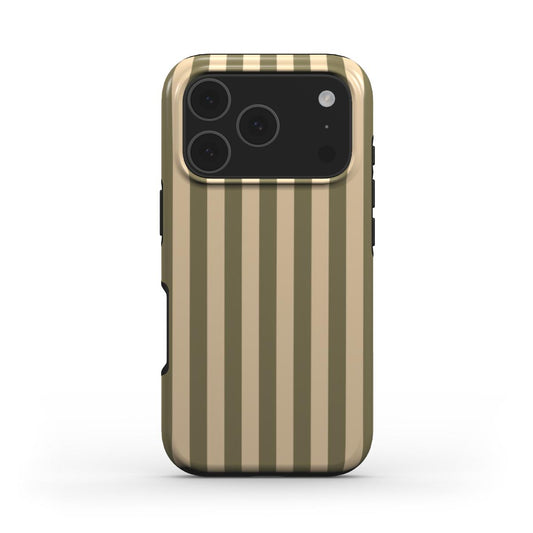 Rückansicht der stossfesten Handyhülle Safari-Olive mit Streifenmuster