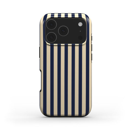Rückansicht der stossfesten Handyhülle Marine-Beige mit Streifenmuster
