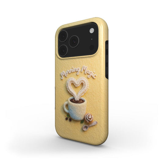 Stoßfeste Handyhülle im 3D Filz-Look – Design: „Morning Magic Coffee“ (Belebendes)