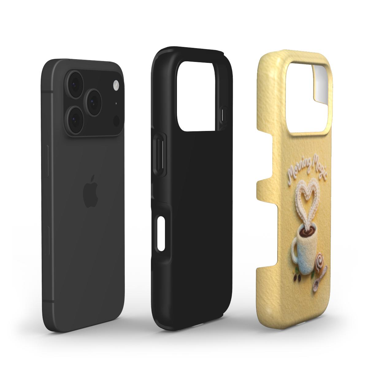 Stoßfeste Handyhülle im 3D Filz-Look – Design: „Morning Magic Coffee“ (Belebendes)