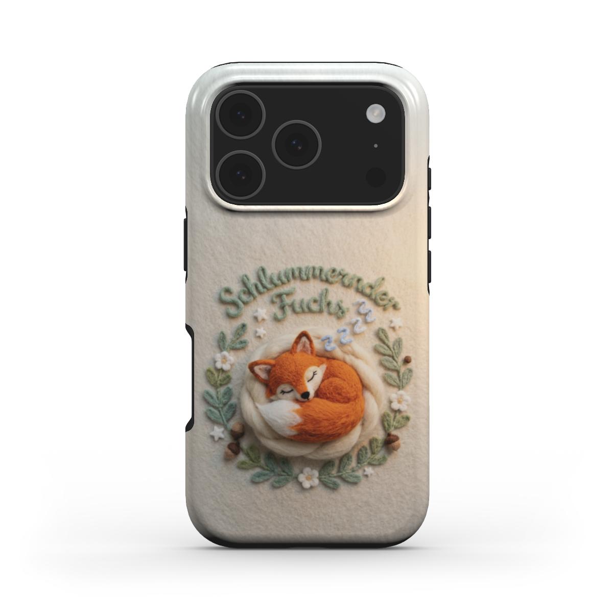 Stoßfeste Handyhülle im 3D Filz-Look – Design: „Schlummernder Fuchs“ (Gemütliches)