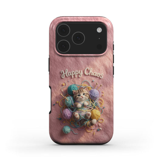Stoßfeste Handyhülle im 3D Filz-Look – Design: „Happy Chaos Kitten“ (Verspieltes)