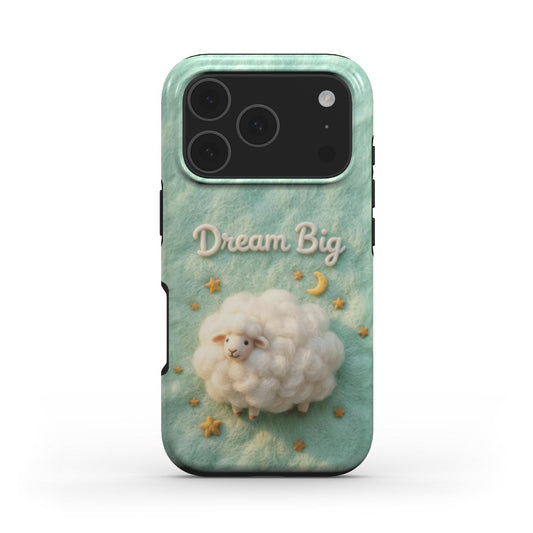 Stoßfeste Handyhülle im 3D Filz-Look – Design: „Dream Big Sheep“ (Träumerisches)