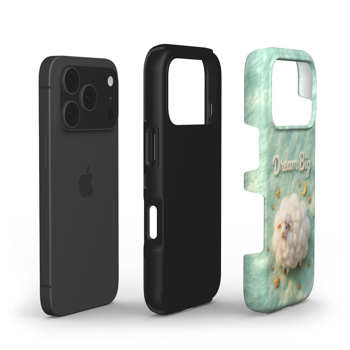 Stoßfeste Handyhülle im 3D Filz-Look – Design: „Dream Big Sheep“ (Träumerisches)