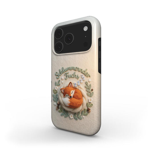 MagSafe iPhone Hülle Schlummernder Fuchs - Schrägansicht mit schlafendem Fuchs im Blumenkranz auf cremefarbenem Hintergrund