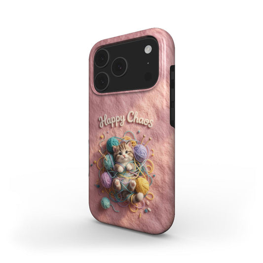 Rosa MagSafe iPhone Hülle mit Happy Chaos Kitten Design in strukturierter 3D-Filz-Optik