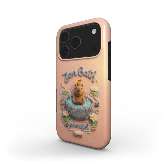 Pfirsichfarbene MagSafe iPhone Hülle mit Zen Bath Capybara Design in strukturierter 3D-Filz-Optik