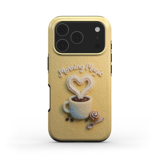 iPhone Handyhülle Morning Magic Coffee - Vorderansicht mit belebendem Kaffee-Design und erhöhtem Kamerarand
