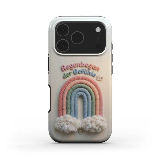 iPhone Schutzhülle Design Regenbogen der Gefühle mit Wolken und pastellfarbenen Stick-Details