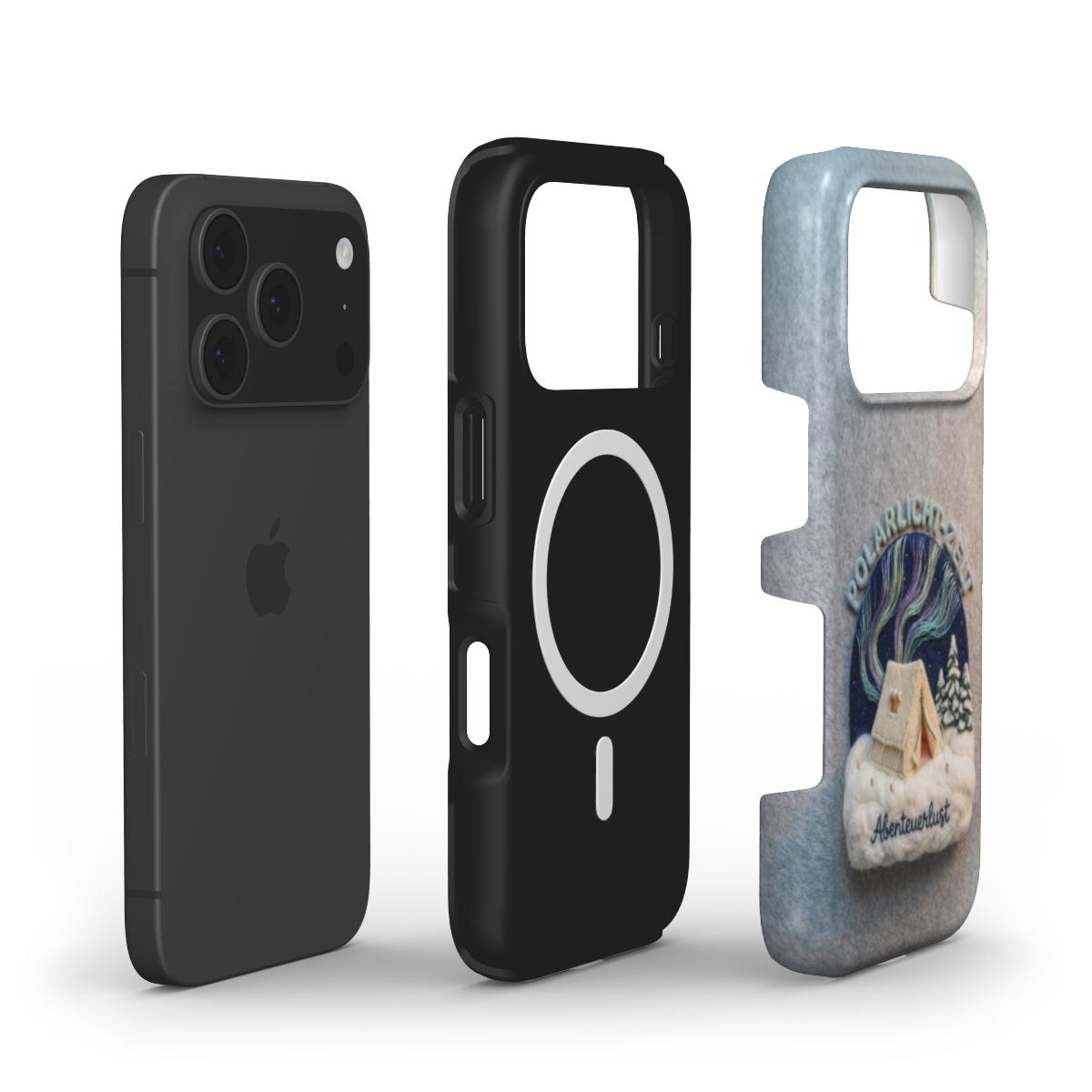 Explosionsansicht einer Dual-Layer Handyhülle: Smartphone, stoßabsorbierende TPU-Innenschale mit Magnetring und äußere PC-Schale mit Polarlicht-Zelt Design.