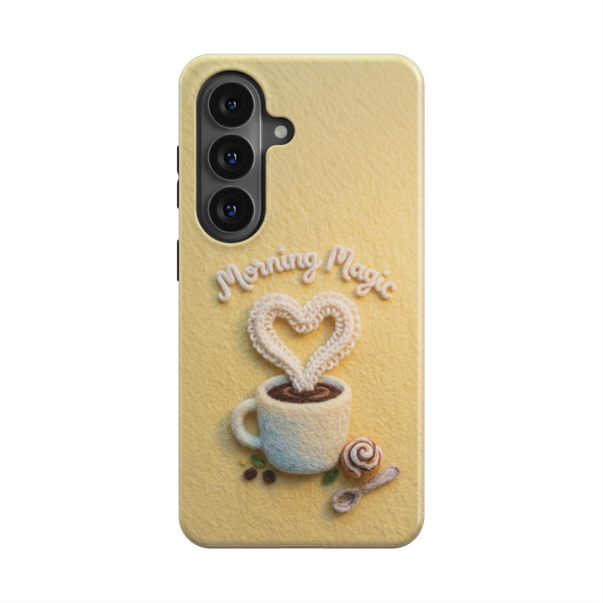 Detailansicht der magnetischen Handyhülle mit Morning Magic Coffee Motiv Belebendes Design
