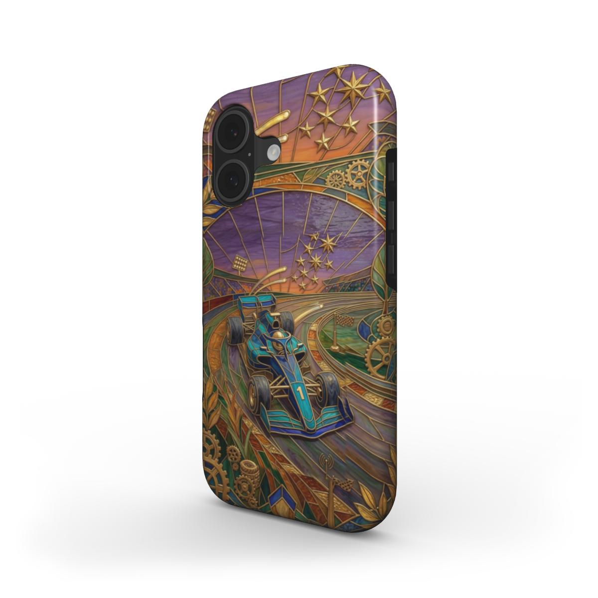 Stoßfeste Handyhülle Goldener Formel 1 – Lumina Mosaik Edition – Schrägansicht auf iPhone – Dual Layer Schutzhülle