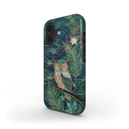 Stoßfeste Handyhülle Mystische Eule – Lumina Mosaik Edition – Schrägansicht auf iPhone – Dual Layer Schutzhülle
