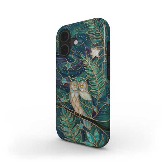 Stoßfeste Handyhülle Mystische Eule – Lumina Mosaik Edition – Schrägansicht auf iPhone – Dual Layer Schutzhülle