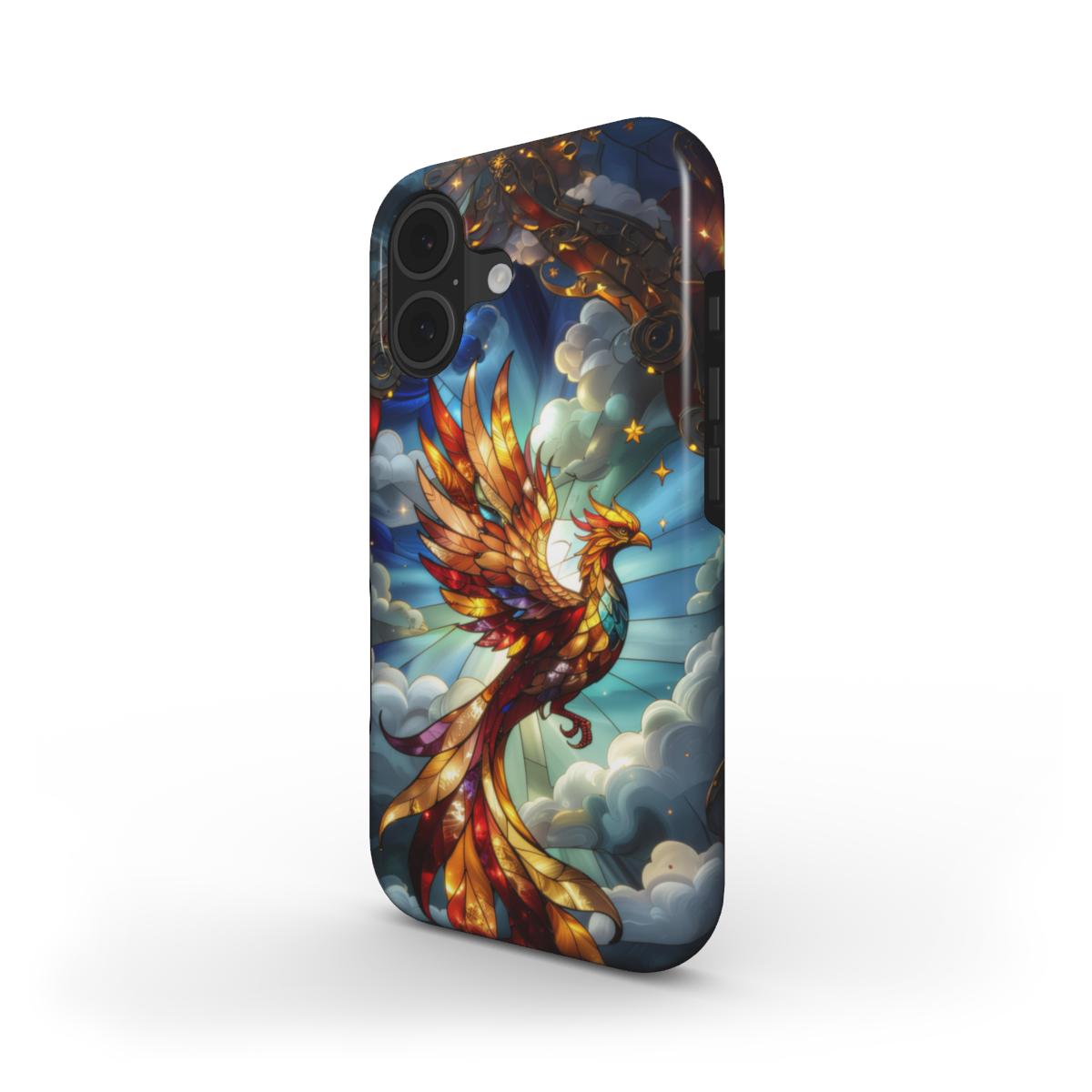 Stoßfeste Handyhülle Goldener Phönix – Lumina Mosaik Edition – Schrägansicht auf iPhone – Dual Layer Schutzhülle