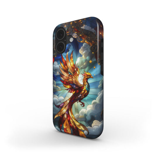 Stoßfeste Handyhülle Goldener Phönix – Lumina Mosaik Edition – Schrägansicht auf iPhone – Dual Layer Schutzhülle