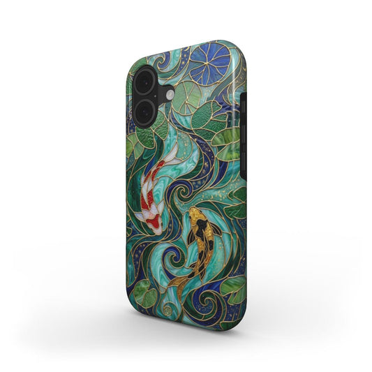 Stoßfeste Handyhülle Koi Fische Japan – Lumina Mosaik Edition – Schrägansicht auf iPhone – Dual Layer Schutzhülle
