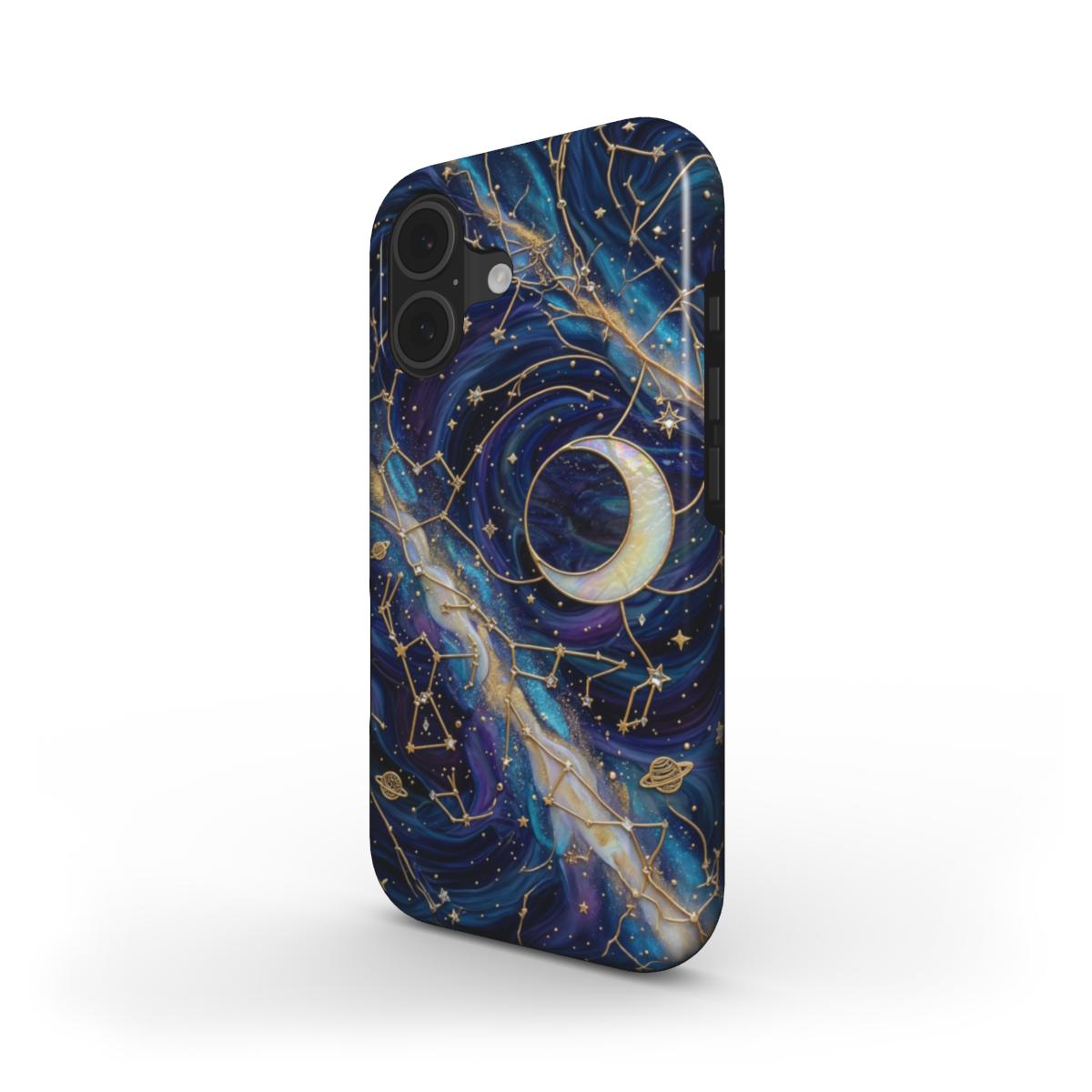 Stoßfeste Handyhülle Sternenhimmel Nacht – Lumina Mosaik Edition – Schrägansicht auf iPhone – Dual Layer Schutzhülle
