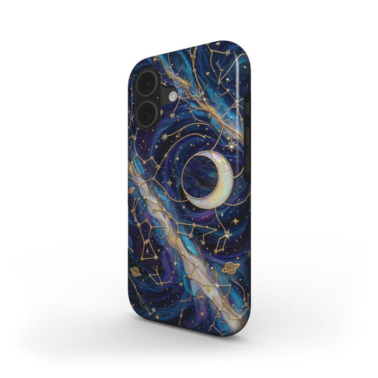 Stoßfeste Handyhülle Sternenhimmel Nacht – Lumina Mosaik Edition – Schrägansicht auf iPhone – Dual Layer Schutzhülle