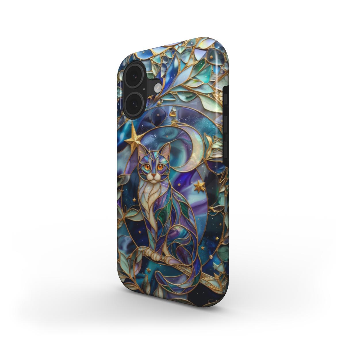 Stoßfeste Handyhülle Mondlicht Katze – Lumina Mosaik Edition – Schrägansicht auf iPhone – Dual Layer Schutzhülle