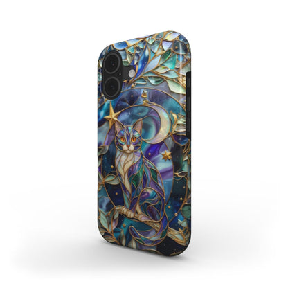 Stoßfeste Handyhülle Mondlicht Katze – Lumina Mosaik Edition – Schrägansicht auf iPhone – Dual Layer Schutzhülle