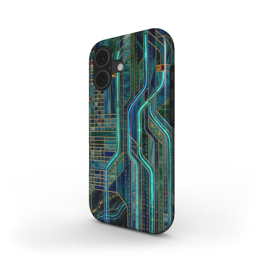 Stoßfeste Handyhülle Neon Matrix – Lumina Mosaik Edition – Schrägansicht auf iPhone – Dual Layer Schutzhülle