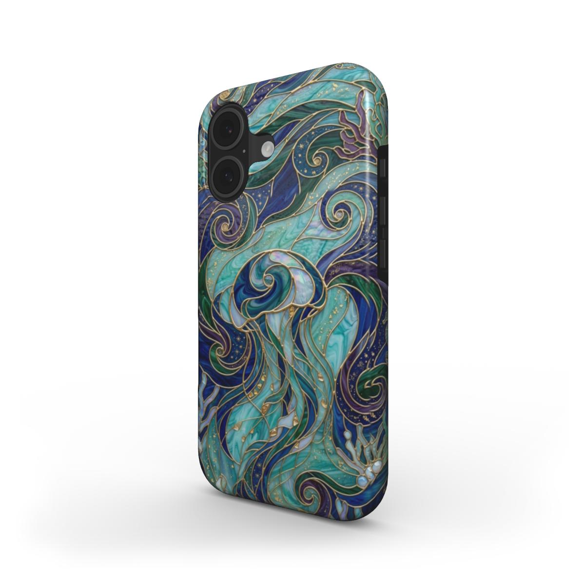 Stoßfeste Handyhülle Qualle Tiefsee – Lumina Mosaik Edition – Schrägansicht auf iPhone – Dual Layer Schutzhülle