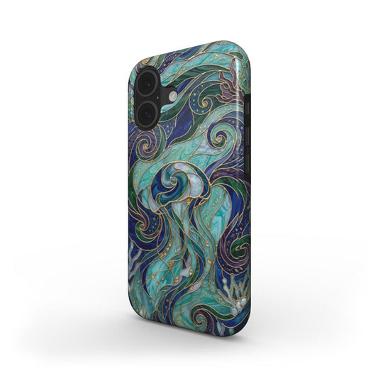 Stoßfeste Handyhülle Qualle Tiefsee – Lumina Mosaik Edition – Schrägansicht auf iPhone – Dual Layer Schutzhülle