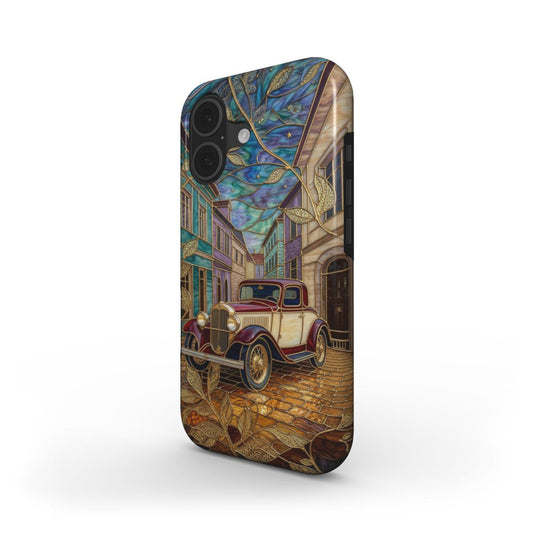 Stoßfeste Handyhülle Vintage Oldtimer – Lumina Mosaik Edition – Schrägansicht auf iPhone – Dual Layer Schutzhülle