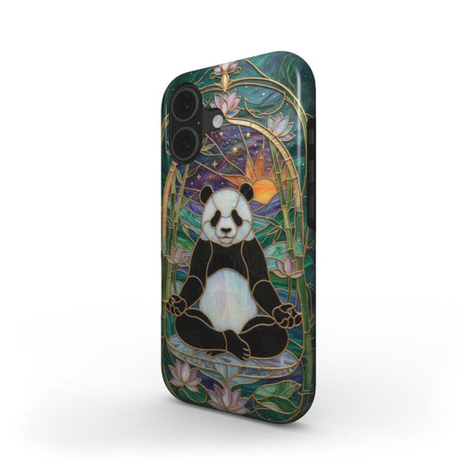 Stoßfeste Handyhülle Zen Panda Lotus – Lumina Mosaik Edition – Schrägansicht auf iPhone – Dual Layer Schutzhülle