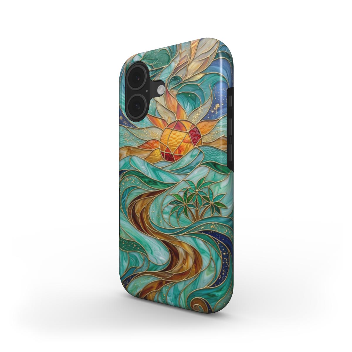 Stoßfeste Handyhülle Tropische Sonne – Lumina Mosaik Edition – Schrägansicht auf iPhone – Dual Layer Schutzhülle