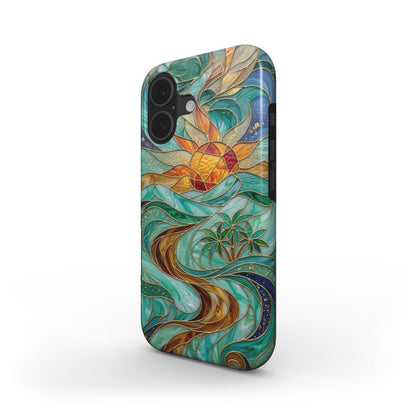 Stoßfeste Handyhülle Tropische Sonne – Lumina Mosaik Edition – Schrägansicht auf iPhone – Dual Layer Schutzhülle
