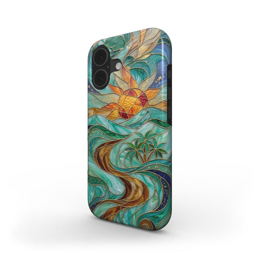 Stoßfeste Handyhülle Tropische Sonne – Lumina Mosaik Edition – Schrägansicht auf iPhone – Dual Layer Schutzhülle