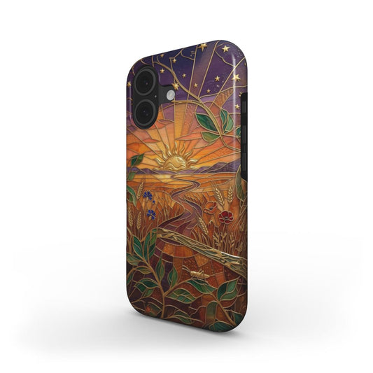 Stoßfeste Handyhülle Goldener Sonnenuntergang – Lumina Mosaik Edition – Schrägansicht auf iPhone – Dual Layer Schutzhülle