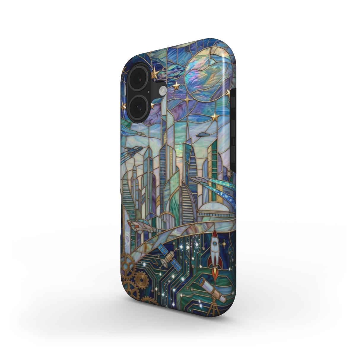 Stoßfeste Handyhülle Futuristische Stadt – Lumina Mosaik Edition – Schrägansicht auf iPhone – Dual Layer Schutzhülle