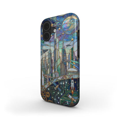 Stoßfeste Handyhülle Futuristische Stadt – Lumina Mosaik Edition – Schrägansicht auf iPhone – Dual Layer Schutzhülle