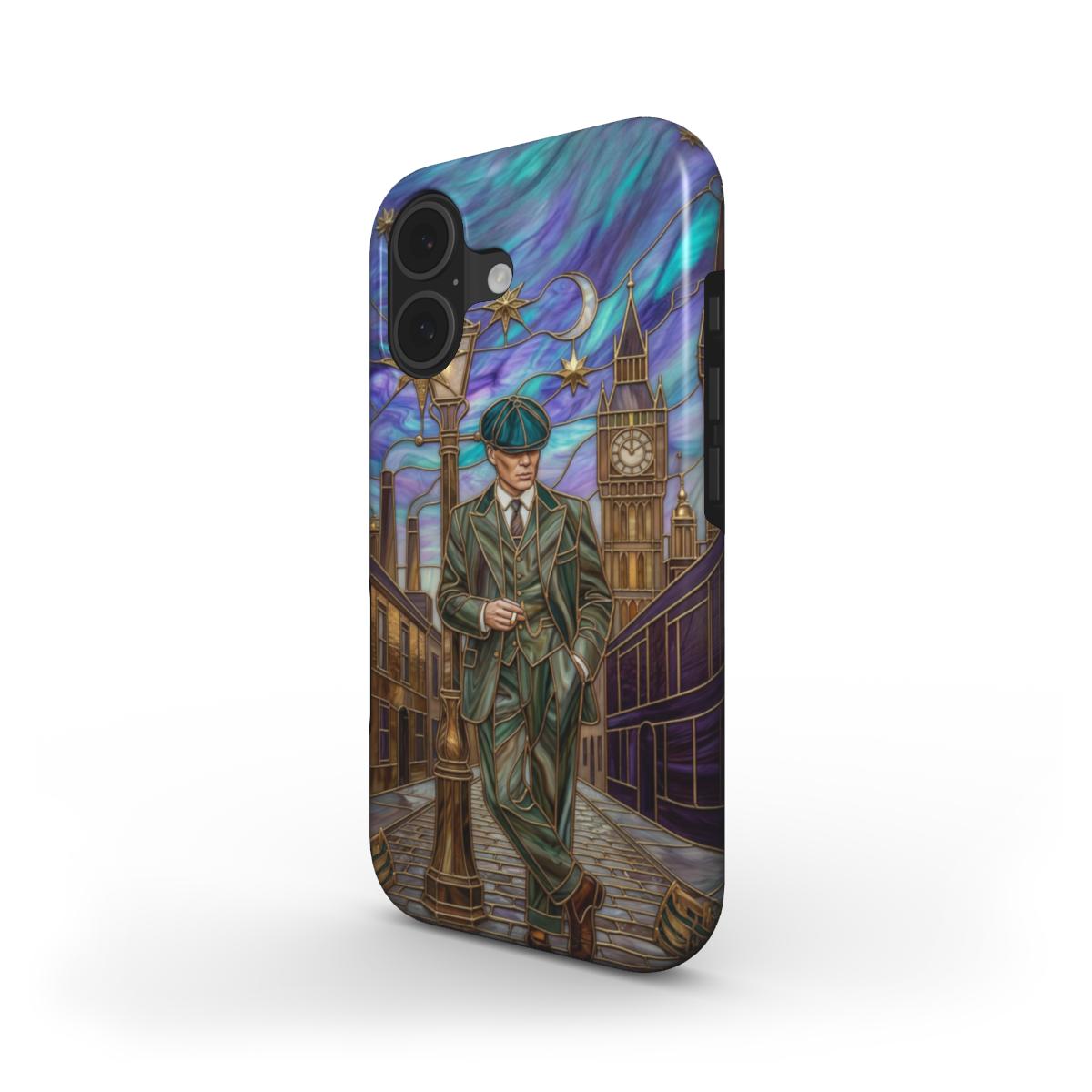 Stoßfeste Handyhülle Gentleman London – Lumina Mosaik Edition – Schrägansicht auf iPhone – Dual Layer Schutzhülle