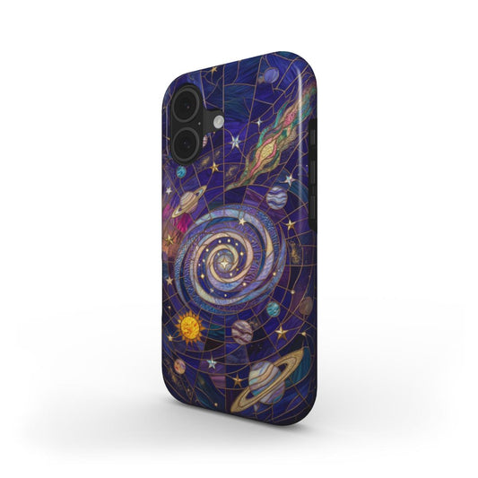 Stoßfeste Handyhülle Galaxie Universum – Lumina Mosaik Edition – Schrägansicht auf iPhone – Dual Layer Schutzhülle