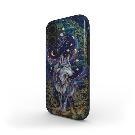 Stoßfeste Handyhülle Mystischer Wolf – Lumina Mosaik Edition – Schrägansicht auf iPhone – Dual Layer Schutzhülle