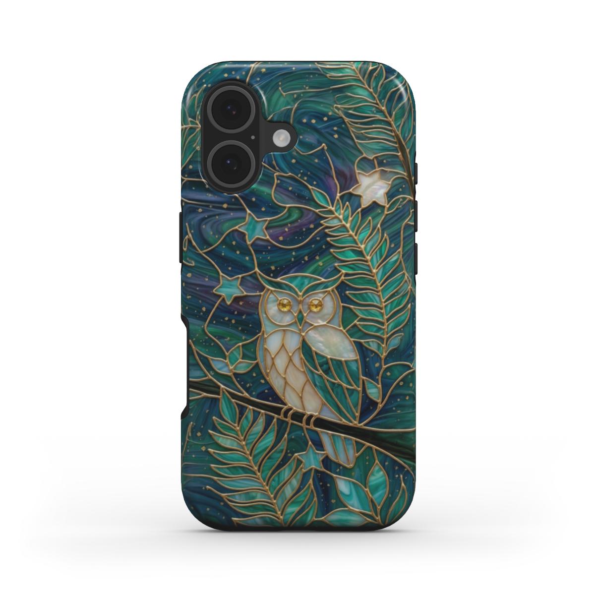 Stoßfeste Handyhülle Mystische Eule – Lumina Mosaik Edition – Frontansicht auf iPhone – Glasmosaik Design