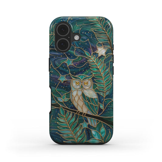 Stoßfeste Handyhülle Mystische Eule – Lumina Mosaik Edition – Frontansicht auf iPhone – Glasmosaik Design