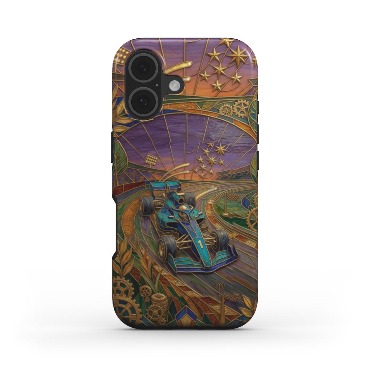 Stoßfeste Handyhülle Goldener Formel 1 – Lumina Mosaik Edition – Frontansicht auf iPhone – Glasmosaik Design