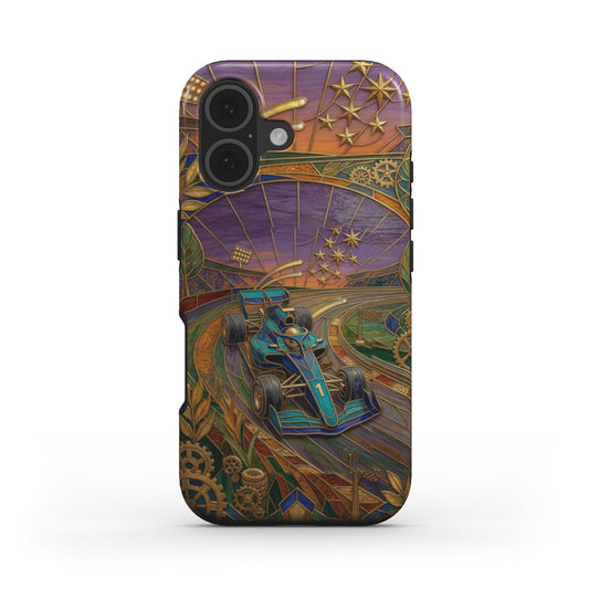 Stoßfeste Handyhülle Goldener Formel 1 – Lumina Mosaik Edition – Frontansicht auf iPhone – Glasmosaik Design