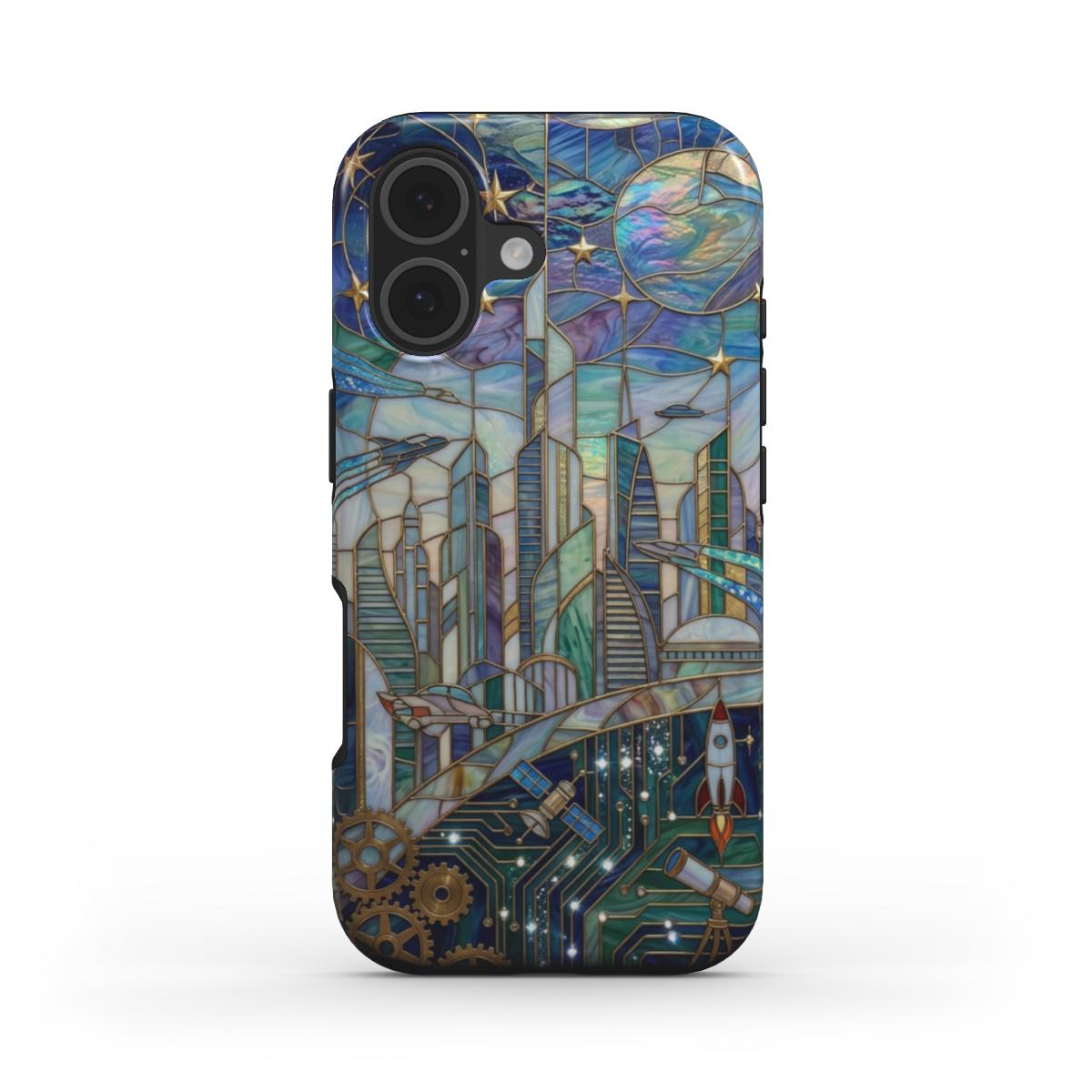 Stoßfeste Handyhülle Futuristische Stadt – Lumina Mosaik Edition – Frontansicht auf iPhone – Glasmosaik Design