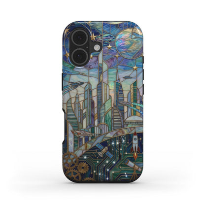 Stoßfeste Handyhülle Futuristische Stadt – Lumina Mosaik Edition – Frontansicht auf iPhone – Glasmosaik Design