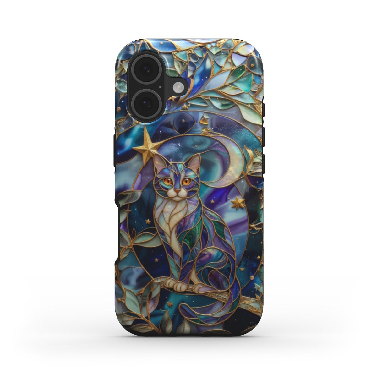 Stoßfeste Handyhülle Mondlicht Katze – Lumina Mosaik Edition – Frontansicht auf iPhone – Glasmosaik Design