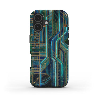 Stoßfeste Handyhülle Neon Matrix – Lumina Mosaik Edition – Frontansicht auf iPhone – Glasmosaik Design