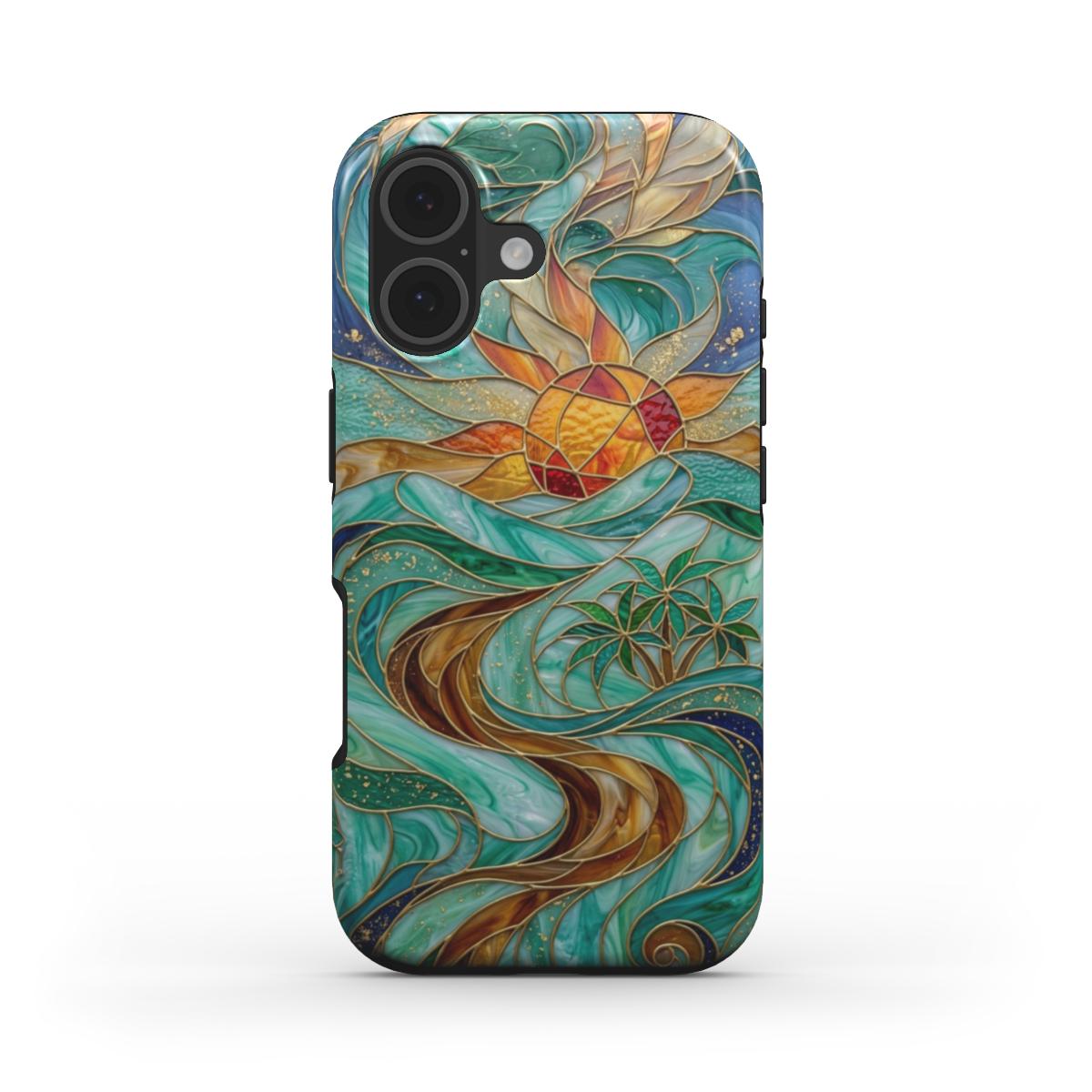 Stoßfeste Handyhülle Tropische Sonne – Lumina Mosaik Edition – Frontansicht auf iPhone – Glasmosaik Design