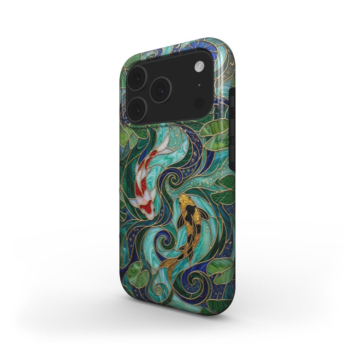 MagSafe Handyhülle Koi Fische Japan – Lumina Mosaik Edition – Schrägansicht auf iPhone – MagSafe kompatibel