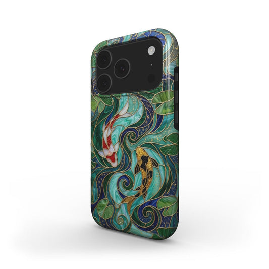 MagSafe Handyhülle Koi Fische Japan – Lumina Mosaik Edition – Schrägansicht auf iPhone – MagSafe kompatibel